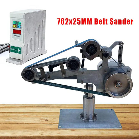 Badass Power Rugged Heavy Duty Vertical Belt Sander With Brushless 550 Watt Motor 110 Volt Horizontal Polish And Grind Tool Adjustable Steel Frame Low Noise Workhorse on wood base.