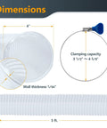 4 Inch Left Spiral Transparent Dust Collection Hose 5 Ft With Two Key Hose Clamps dimensions with wall thickness and clamping capacity.