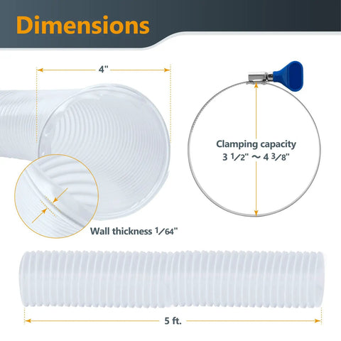Hella Flexible 4 In By 5 Ft PVC Dust Collection Hose dimensions showing 4-inch diameter and 5-foot length with detailed clamping capacity.