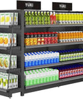 Tough As Nails Four Tier Steel Storage Rack Featuring Fully Adjustable Shelves And Max Load Capacity For Kitchen Garage Workshop Organization In Sleek Black Finish with beverages organized on shelves.