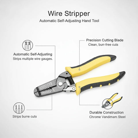 Automatic Self Adjusting Wire Stripper and Cutter Tool 7 Inch with chrome vanadium steel jaws and yellow handle.