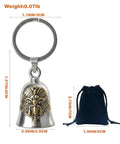 Gremlin Bell Good Luck Charm Motorcycle Keychain For Bikers Ride Safe Protector Against Bad Luck And Mechanical Trouble Guardian Angel Talisman For Your Ride With Silver And Gold Finish, dimensions shown, with black pouch.