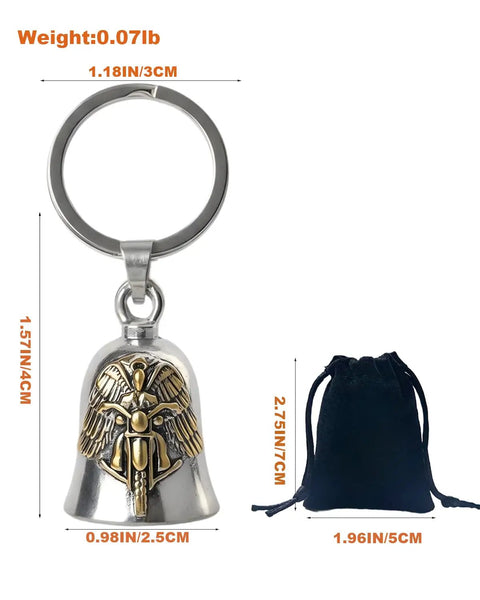 Gremlin Bell Good Luck Charm Motorcycle Keychain For Bikers Ride Safe Protector Against Bad Luck And Mechanical Trouble Guardian Angel Talisman For Your Ride With Silver And Gold Finish, dimensions shown, with black pouch.