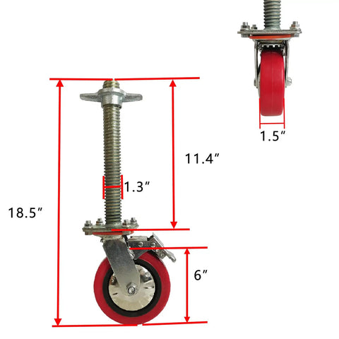 Tough As Nails Heavy Duty 6 Inch Adjustable Leveling Screw Jack Caster Wheels 360 Degree Swivel Double Lock Brakes Smooth Rolling Solid Industrial Base For Scaffolding Job Sites Moving Big Loads 4 Pack displayed with measurements.