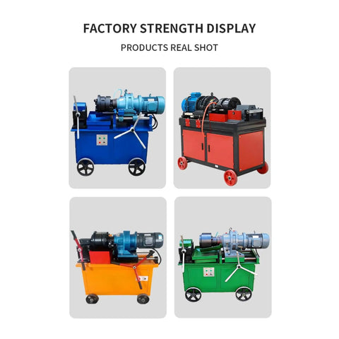 Beefy Thread Rolling Machine For Rebar And Steel Components, Heavy Duty Metal Thread Forming Equipment For Bolt Production And Construction Projects Today, blue and red units on wheels