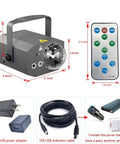 Two In One Party Lights Rotating Disco Ball DJ Lights LED Stage Light Projector with remote and accessories displayed.