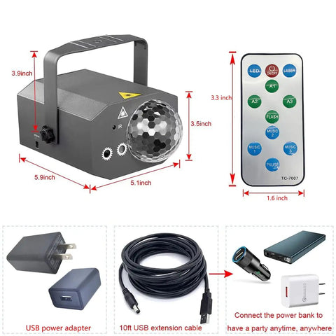 Two In One Party Lights Rotating Disco Ball DJ Lights LED Stage Light Projector with remote and accessories displayed.
