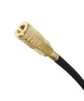 Brass quick-connect hose adapter with knurled grip attached to a black rubber hose