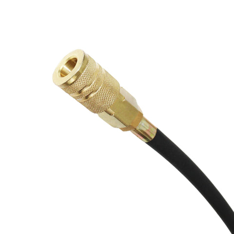 Brass quick-connect hose adapter with knurled grip attached to a black rubber hose