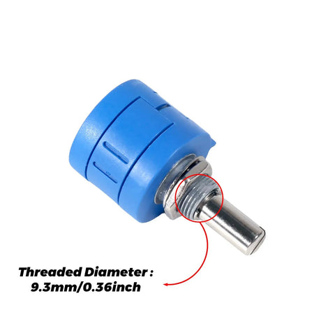 Close-up of one piece from Three Piece Set Of 10k Ohm 10 Turn Rotary Potentiometers, showing knob and threaded section.
