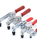 Heavy Duty Horizontal Toggle Clamps Set Of Twenty Pieces Featuring Quick Release Cam Action And Adjustable Tension For Kickass Woodworking Jigs And Shop Build Tasks showing different sizes and designs with red handles.