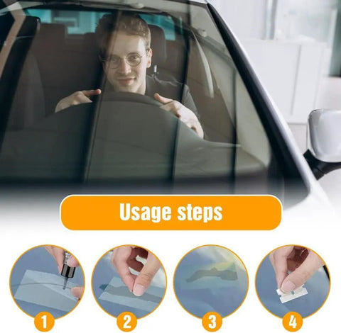 Glass Fix Kit for Windshield and Glass Repair with usage steps, DIY Crack and Chip Repair Fluid shown in application process.