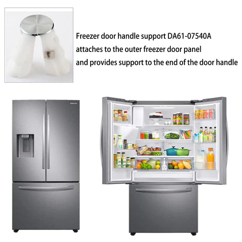 Fridge Door Handle Support Kit For Freezer Door Replacement Fits Popular Refrigerator Models Like RFG237AARS shown with open fridge.