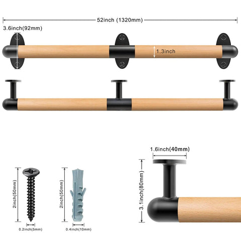 Diagram of 52 Inch Wood Handrail For Indoor Stairs With Wall Mount And Metal Brackets, Rock Solid Barrier Free Grab Bar For Elderly