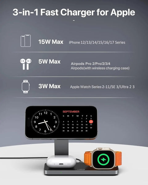Foldable 3 In 1 Magnetic Wireless Charging Station for Apple MagSafe Charger Stand Fast Magnetic Wireless Charger setup.