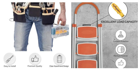 Drywall Anchor And Screw Kit Featuring 270 Anchors And 135 Screws Durable Carbon Steel Construction For Solid Hollow Or Gypsum Walls Easy Install Long Lasting Hold Home Reno Must Have held by person with tool belt, showing excellent load capacity with corrosion protection symbols.