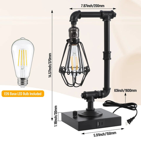 Industrial Table Lamp With Stepless Dimming Knob Control And Edison Pipe Design, USB A And USB C Charging Ports, Bulb Included