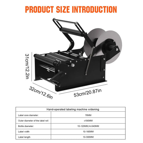 Hand Crank Bottle Labeling Machine Adjustable For Glass Metal Round Zp-50W displayed with size dimensions for bottle and label specifications.