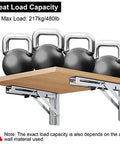 Stainless Steel Folding Shelf Brackets Set Of Four Wall Mounted Heavy Duty Collapsible Table Hinges supporting kettlebells on shelf
