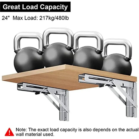 Stainless Steel Folding Shelf Brackets Set Of Four Wall Mounted Heavy Duty Collapsible Table Hinges supporting kettlebells on shelf