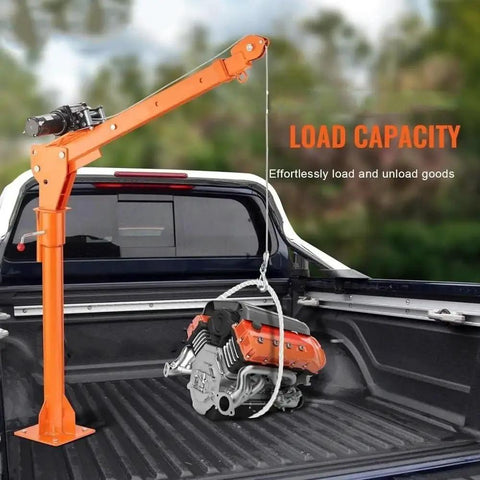 Heavy Duty Engine Hoist For Pickup Trucks Offering 500kg Lift Capacity And 360 Degree Swivel Jib above a truck bed with an engine.