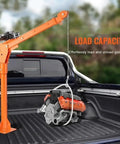 Tailgate Mounted Engine Hoist 500 Kilogram Workhorse Jib Crane with 360 degree swivel lifting an engine in a truck bed.