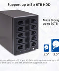 Heavy Duty 5 Bay External Hard Drive Enclosure In Sleek Black with five drive bays supporting 2.5 and 3.5 inch SATA drives.