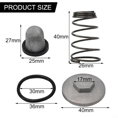 PRODUCT SIZE chart for High Performance Scooter Oil Drain Screw Kit With Spring Filter And O Ring M30 Aluminum Fluid Maintenance Set For 50 125 150cc GY6 Mopeds Baotian Znen Taotao Benzhou Super Easy Service Upgrade, showing 27mm filter