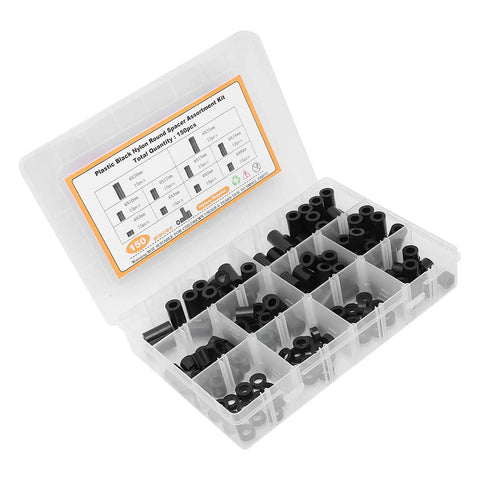 Pro Grade Nylon Spacer Assortment Kit With Heat And Wear Resistance For Electronics And DIY Projects, Lightweight Storage Helpers, Includes Multiple Sizes For Tight, Secure Mounts And Cushioning, open storage box with black nylon spacers