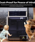 Child and dog next to K2 SE Transparent PC Enclosure With Dustproof Tent And Noise Reduction For K2 SE And K1 SE 3D Printers
