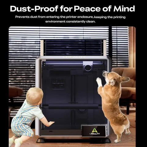 Child and dog next to K2 SE Transparent PC Enclosure With Dustproof Tent And Noise Reduction For K2 SE And K1 SE 3D Printers