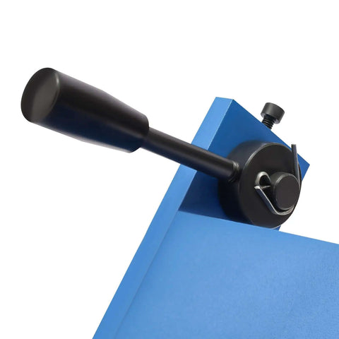 Close-up of handle on Box And Pan Brake Sheet Metal Folder 24 Inch Industrial Bender with two handles, durable metal construction