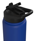 Blue insulated stainless steel water bottle with black leak-proof lid for sailplane pilots, glider fans, tow crews, and flight schools.