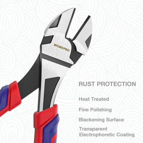 Close-up of 7-Inch Diagonal Pliers In CR-V Steel With Heat-Treated 50CrV Jaws, Rust-Resistant Black Finish, and Comfort Grip