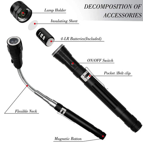 Must Have Magnetic Pick Up Tools Set With Telescoping Rods And Flexible LED Flashlight components detailed view