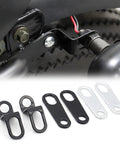 Six-piece rear turn signal relocation brackets set for motorcycles; black and silver metal plates