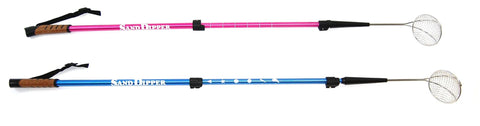 Back Saving Beach Sifter And Shovel Combo For Beachcombing in blue and pink, adjustable, with 4-inch baskets, dual as walking canes.