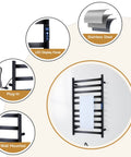 Image of Ten Bar Heated Towel Rack For Bathroom No Fuss Wall Mount Towel Warmer With Timer And Temperature Control Plug In Electric Bath Heater Fast Safe Carbon Fiber Heating Matte Black Finish, showing wall-mounted unit with plug, LED display, and stainless steel details.