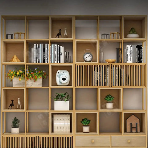 Six Layer Rustic Wood Bookshelf Set Designed For A Fresh Setup With Sturdy Standing Storage Shelves showcasing decor and plants.