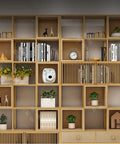 Heavy Duty Seven Tier Industrial Bookshelf Rustic Wood Storage Cabinet Freestanding Floor Display Rack with decorative items.