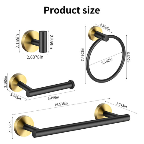 Get Your Hands On This Black And Gold Bathroom Hardware Set That Comes With Two Sixteen Inch Towel Bars Two Toilet Paper Holders Two Towel Rings And Four Robe Hooks Making It A Full Ten Piece Kit Ideal For Any Modern Or Classic Bathroom Setup dimensions