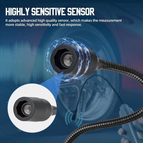 Ultrasonic leak detector probe with a 420mm black flexible neck and mesh sensor; two views.