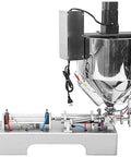 Horizontal Pneumatic Piston Liquid Paste Filling Machine With Built In Heater And Stirrer For Cosmetics Cream Lotion And Honey, stainless steel body.
