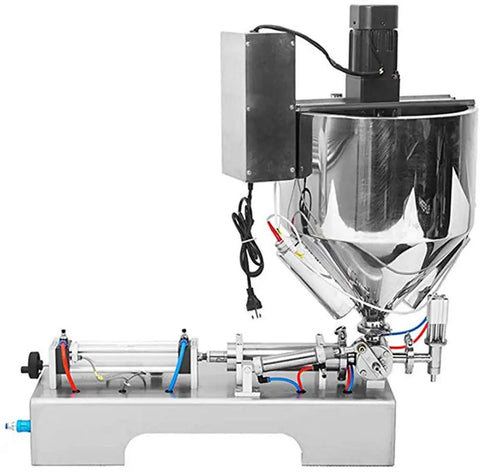 Horizontal Pneumatic Piston Liquid Paste Filling Machine With Built In Heater And Stirrer For Cosmetics Cream Lotion And Honey, stainless steel body.