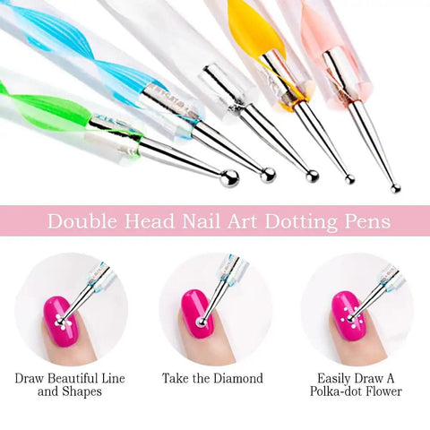 All-In-One Nail Art Kit With 24Pcs Tools, Two Nail Stand Sets, 15 Nail Art Brushes, 5 Dotting Tools, close-up of double head dotting pens