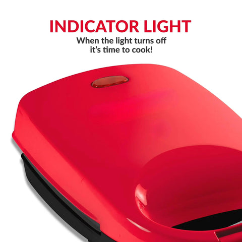 Cute And Compact Personal Sandwich Maker, Non Stick Electric Panini Press with red indicator light for cooking readiness.