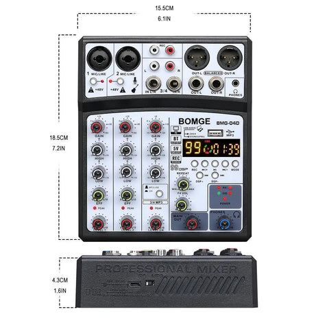 Ultra Portable Four Channel Audio Mixer For Recording And Live Streaming With USB Bluetooth 48V Phantom Power And 99 DSP Effects top view