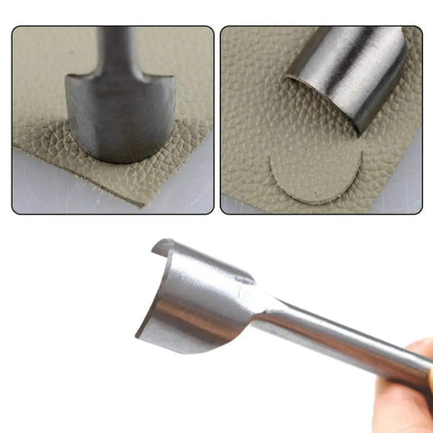 Close-up of steel cutter from 10 Piece Half Round Leather Punch Set for Strap Ends showing cuts on leather and punch detail.