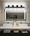 Slick Black LED Vanity Light 4 Light Modern Bath Fixtures Above Mirror Dimmable Wall Mount Matte Black Back Plate With White Acrylic Shade 34.7 Inch Length Energy Saving 40W LED Lighting illuminates a bathroom
