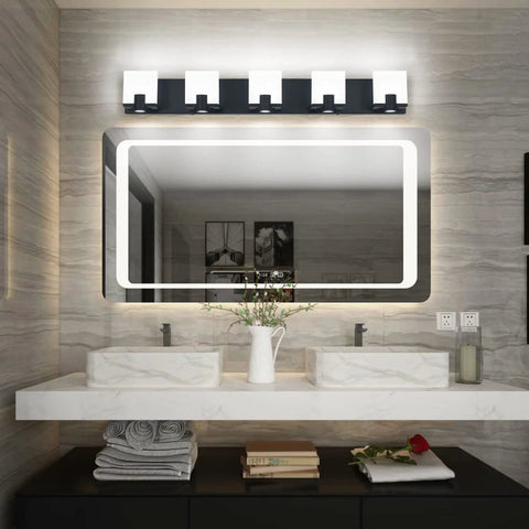 Slick Black LED Vanity Light 4 Light Modern Bath Fixtures Above Mirror Dimmable Wall Mount Matte Black Back Plate With White Acrylic Shade 34.7 Inch Length Energy Saving 40W LED Lighting illuminates a bathroom
